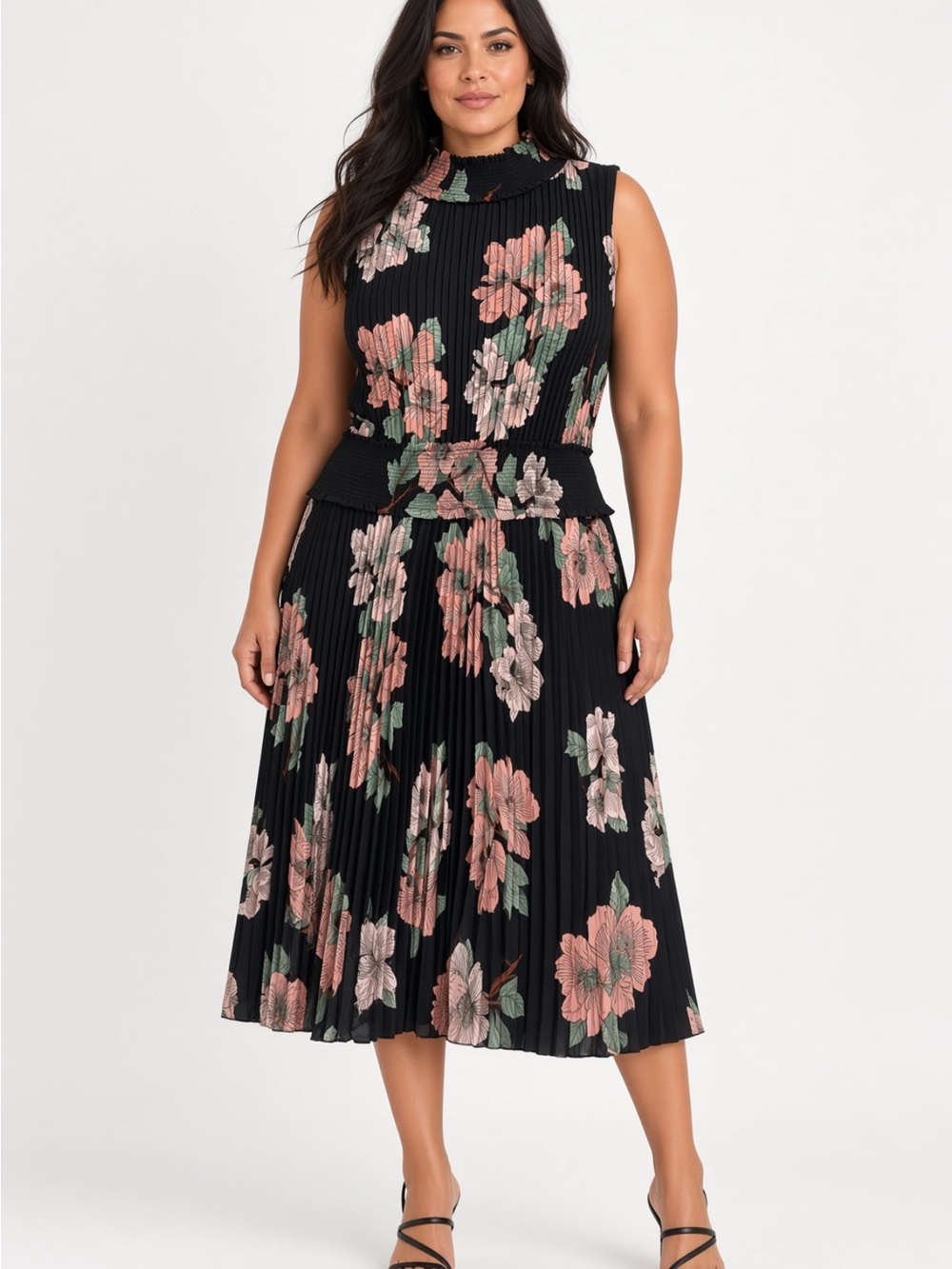 Nanette Lepore Floral Pleated Midi Dress 14 Black Pink Smocked Sleeveless